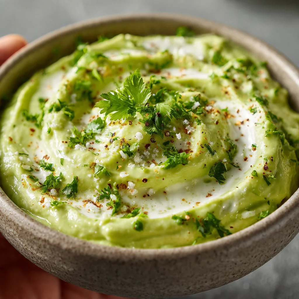 Close-up of a tortilla chip scooping into a vibrant bowl of avocado jalapeno dip