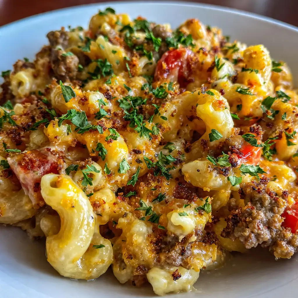 A family-style dinner plate with a slice of cheesy casserole next to a green salad and garlic bread