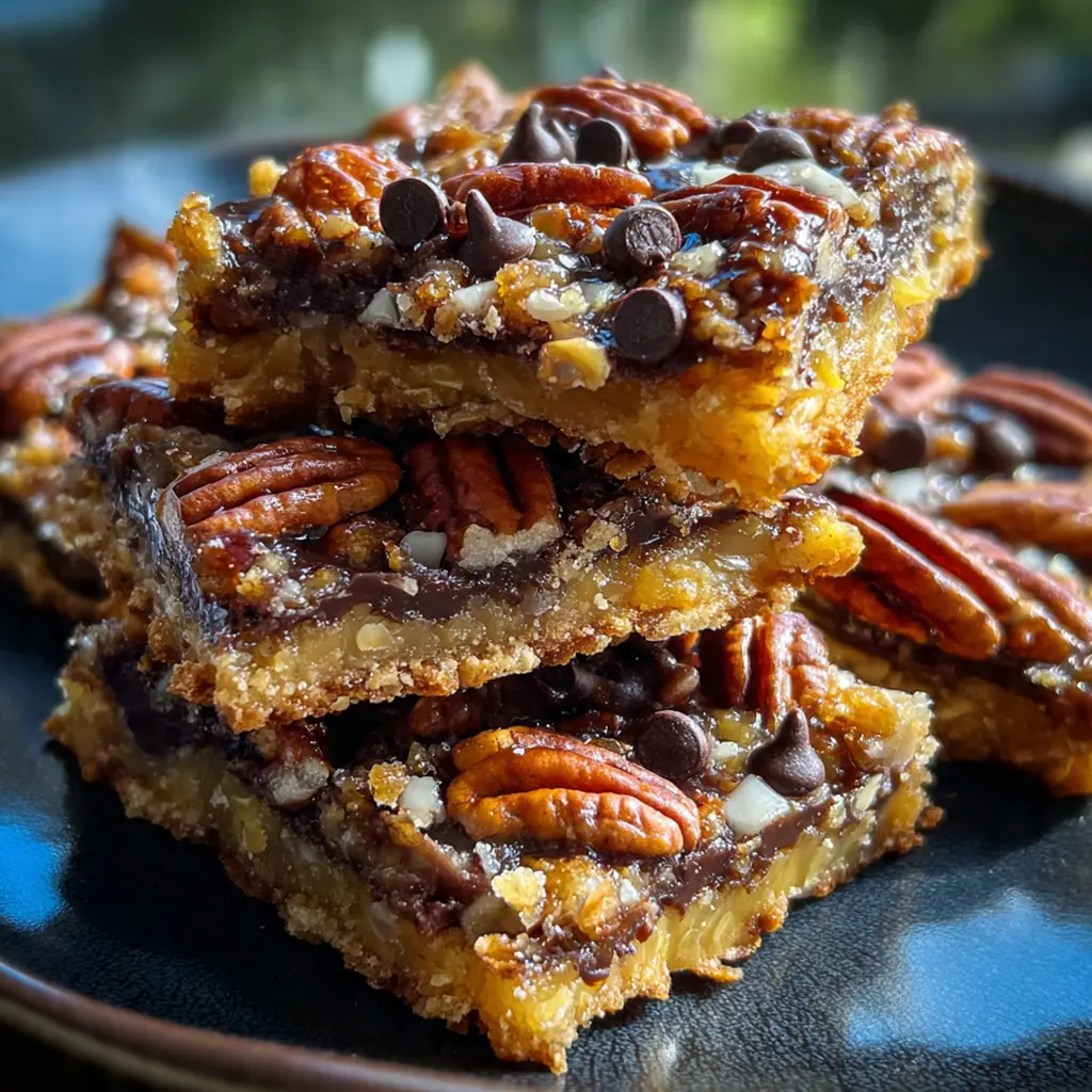 A hand holding a piece of pecan pie bark against a background of baking ingredients
