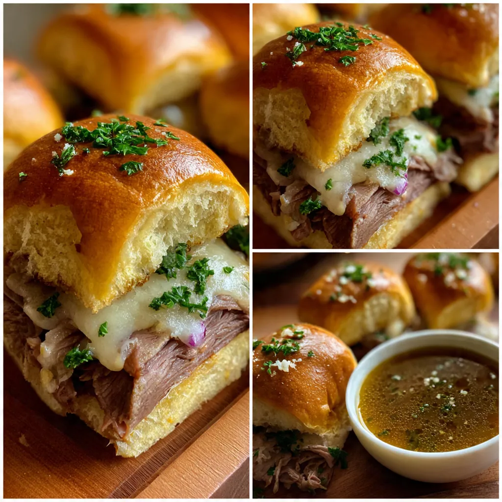 Freshly baked roast beef sliders with provolone cheese on a wooden serving board with au jus