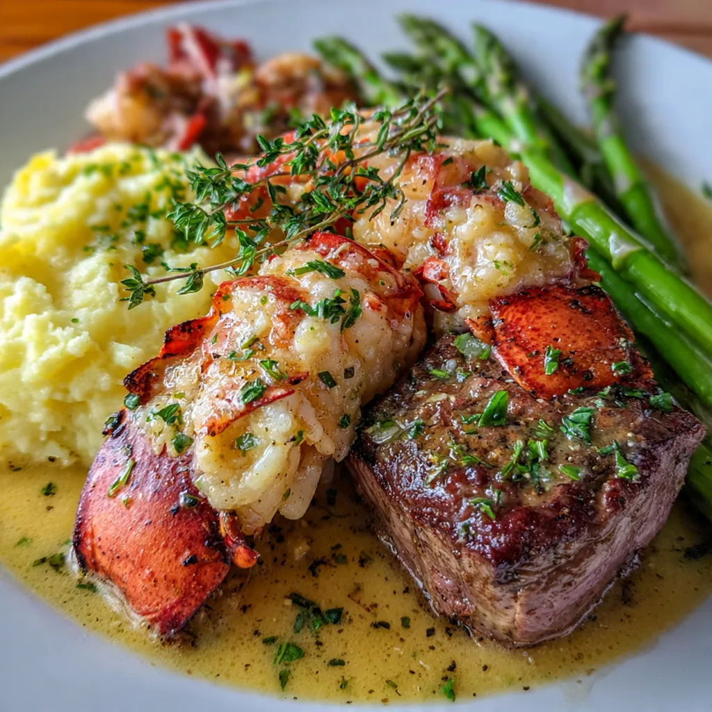 Close-up of a perfectly cooked filet mignon steak topped with a butterflied lobster tail and draped in velvety lobster cream sauce