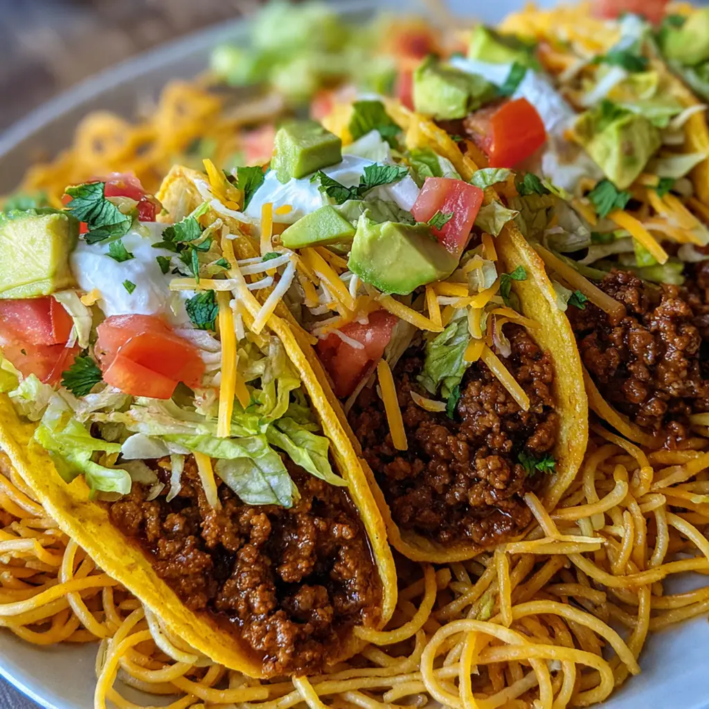 A family-style platter of spaghetti tacos surrounded by optional toppings like sour cream and lettuce
