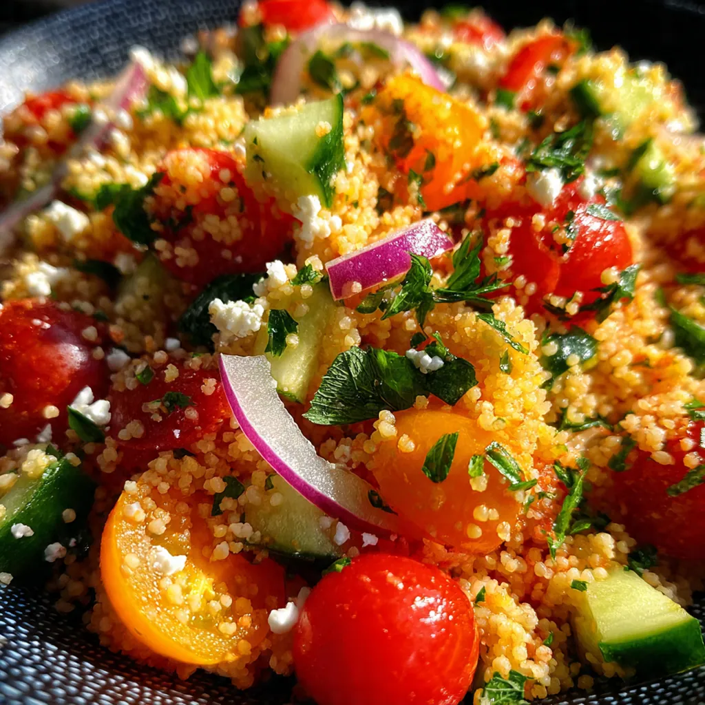 Close-up of fluffy couscous mixed with halved cherry tomatoes and chopped mint