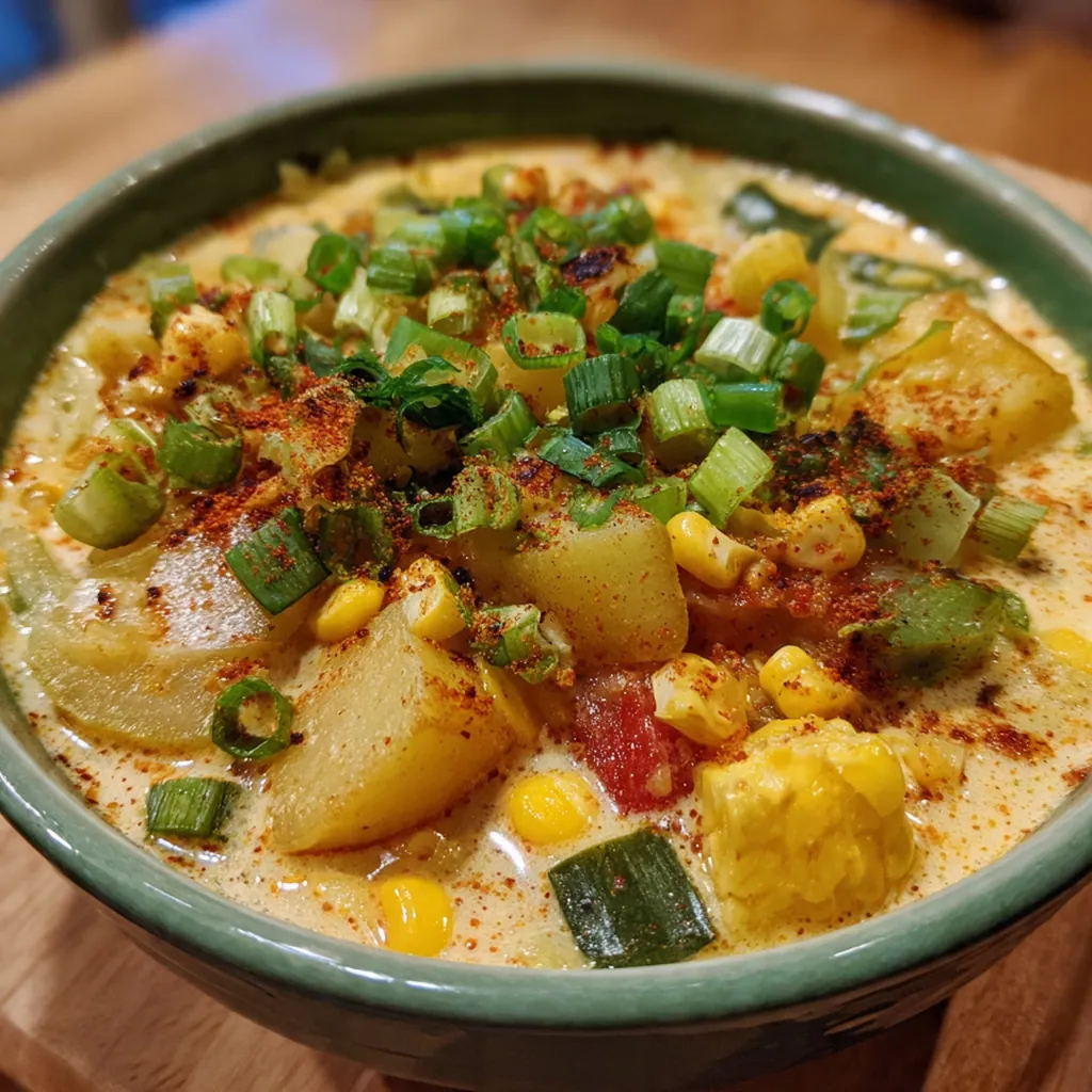 A pot of steaming corn chowder next to a crusty loaf of bread ready for dipping