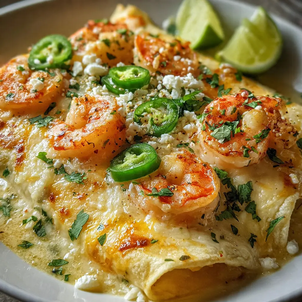 Overhead shot of assembled shrimp enchiladas ready for the oven with sauce and cheese on top