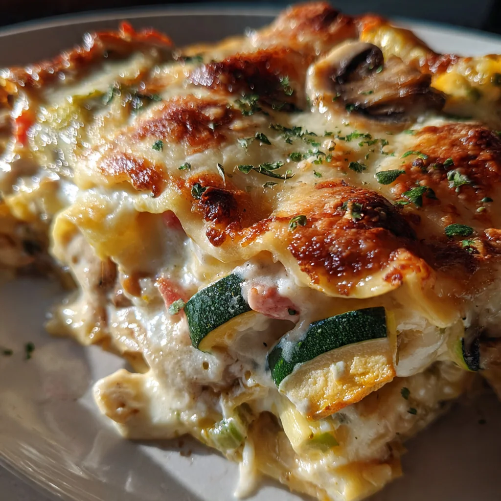 Close-up of creamy white sauce being spooned over layered vegetable lasagna in a baking dish