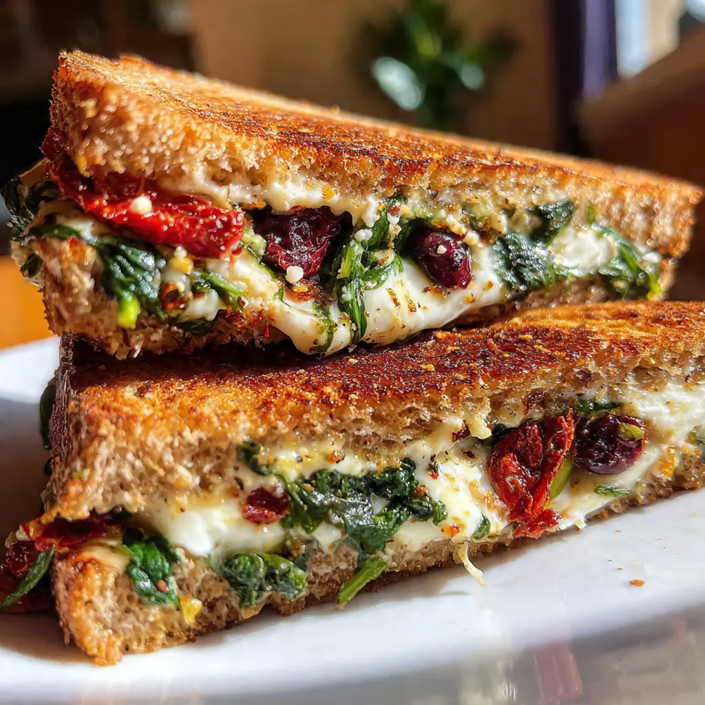 Close up view of the vibrant spinach, sun-dried tomato, and olive filling spilling from a crispy sourdough sandwich