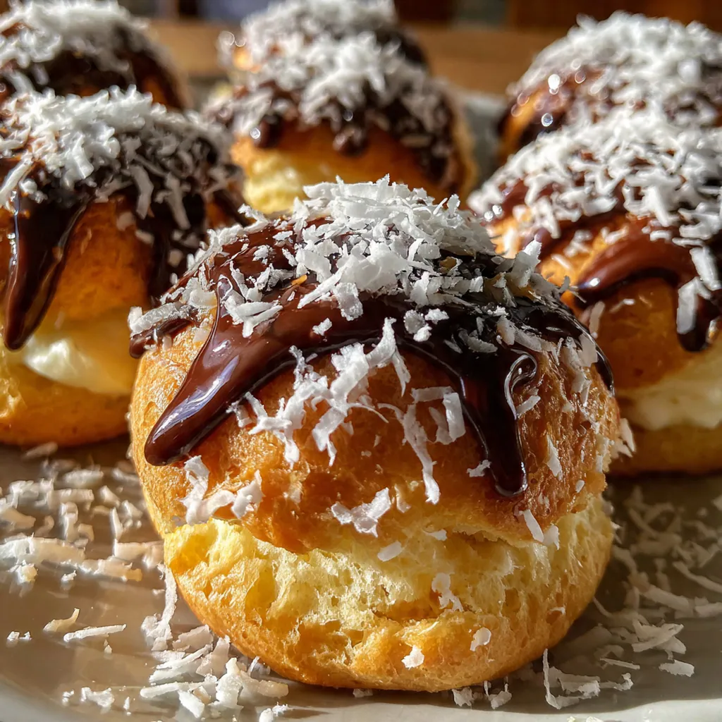 A dessert platter with elegant cream puffs garnished with toasted shredded coconut