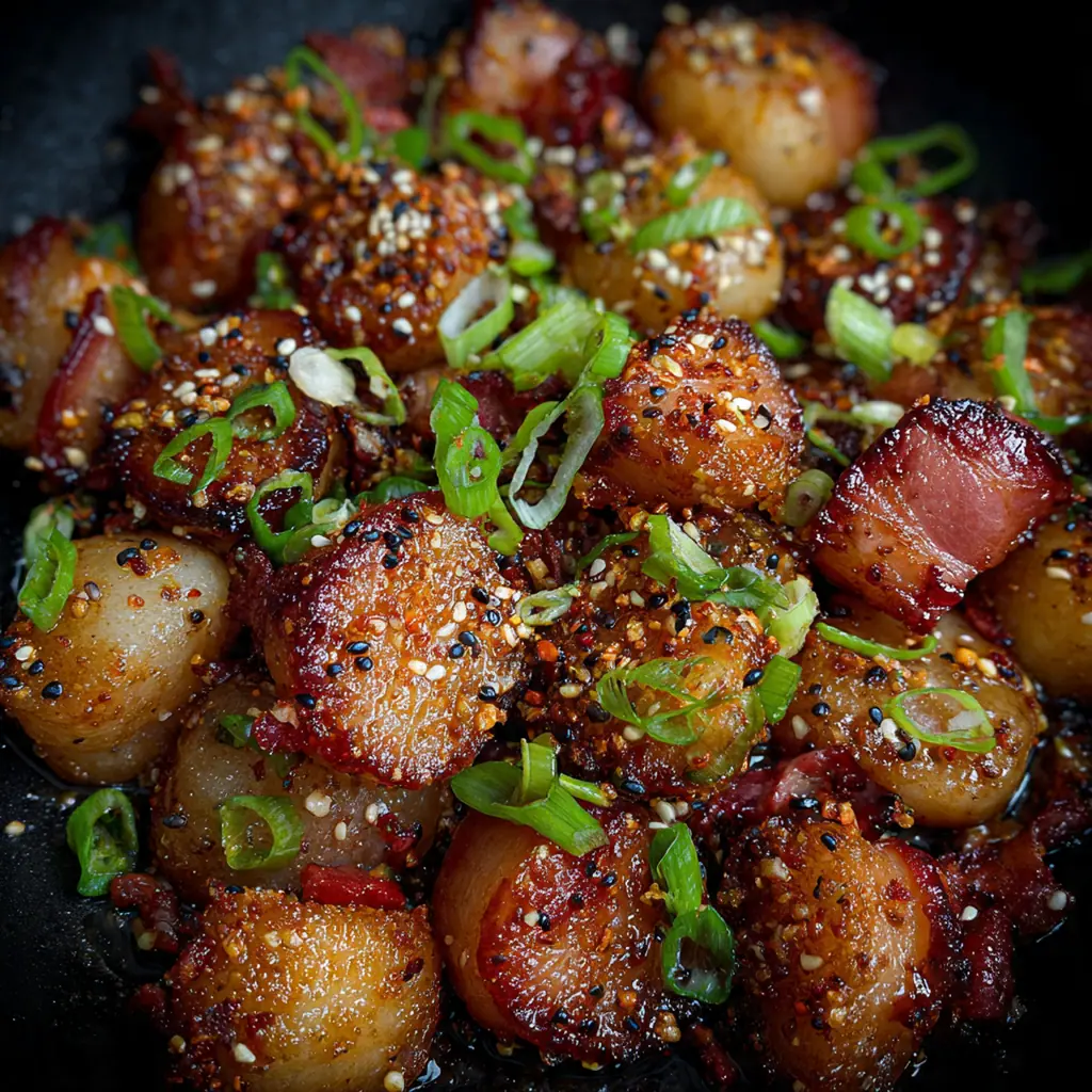 Overhead shot of ingredients for bacon-wrapped water chestnuts including water chestnuts, bacon, and glaze components