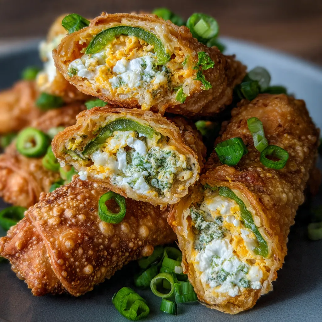 Overhead shot of ingredients for jalapeno popper eggrolls including cream cheese, jalapenos, bacon, and eggroll wrappers on a rustic table