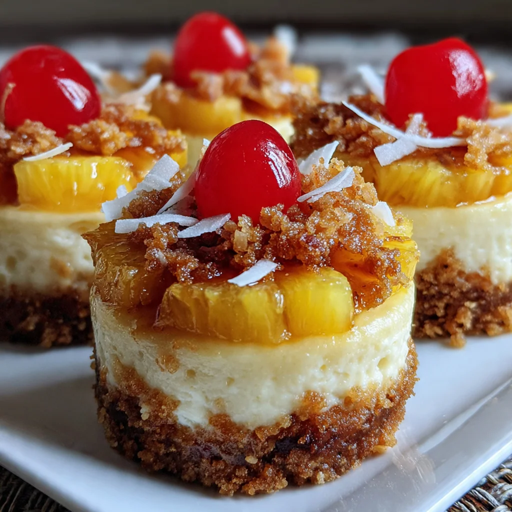 Inverted mini cheesecakes showing beautiful pineapple and cherry design with creamy filling and graham cracker crust