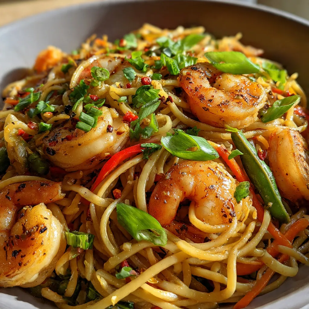 Wok-tossed noodles with fresh green onions and sesame seeds garnish in a rustic bowl