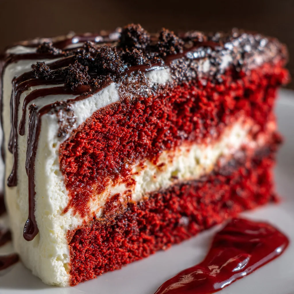 The inside of a red velvet cupcake revealing a hidden center of bright raspberry jam