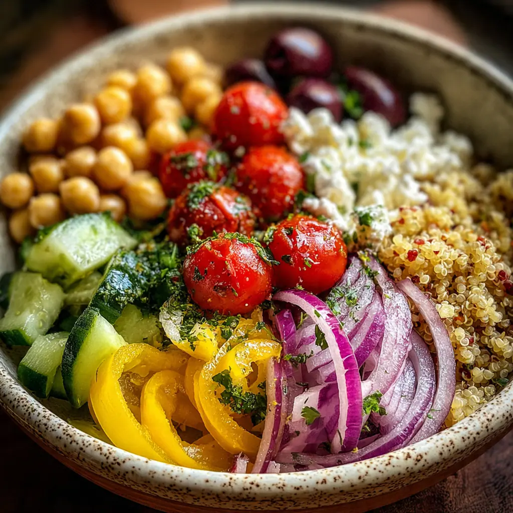 Finished bowl topped with parsley and feta ready to eat with lemon wedges on the side