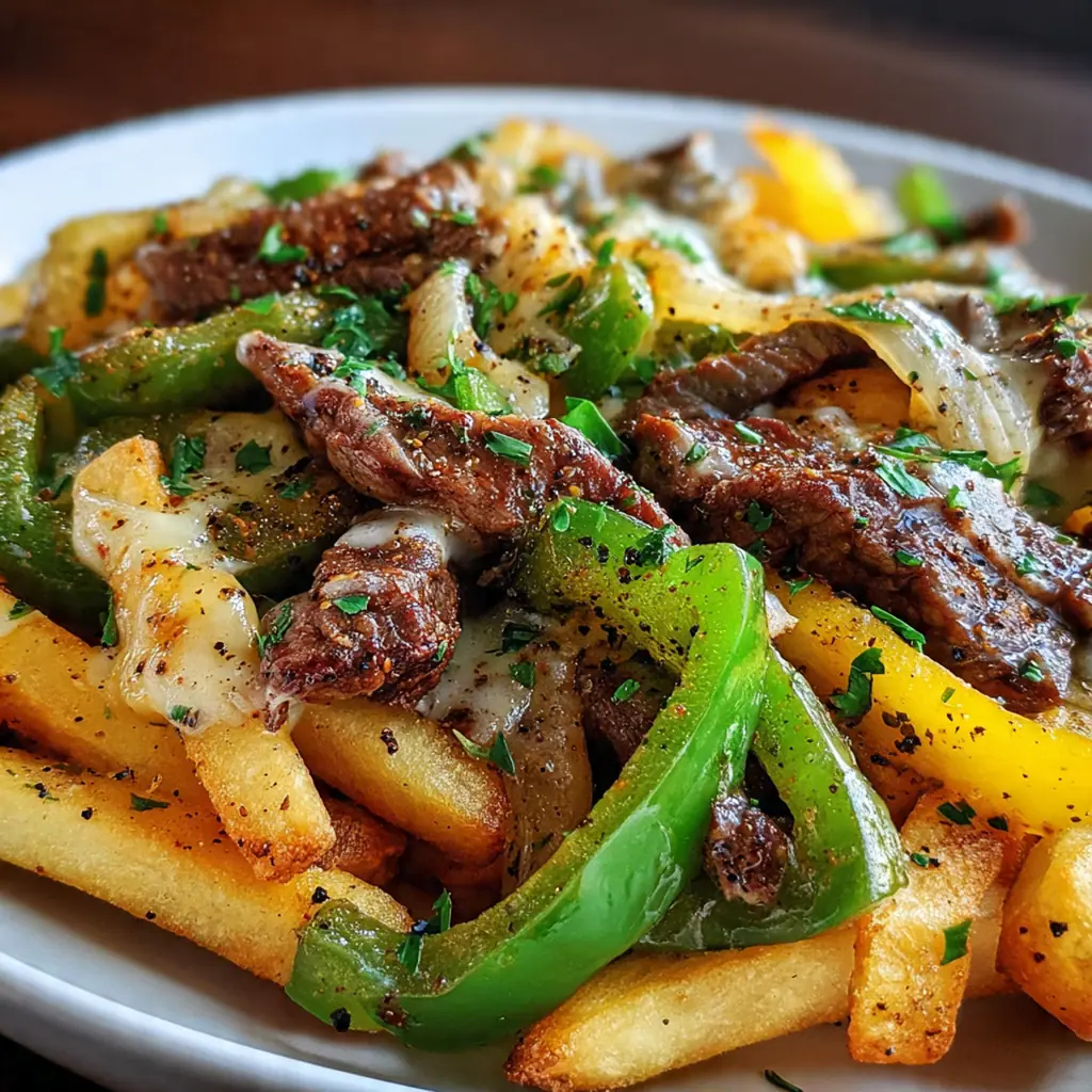 Close-up of a fork pulling a cheesy, steak-topped fry away from a generous serving