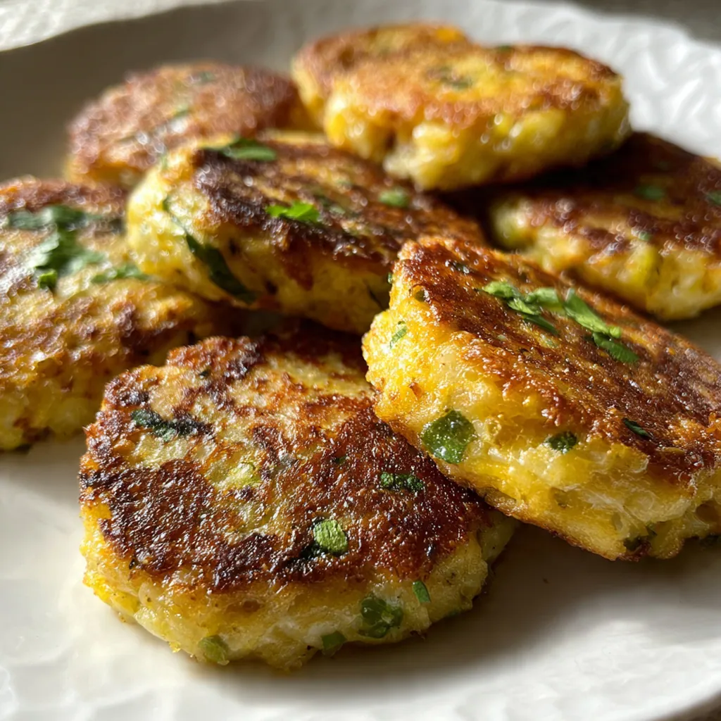 Close-up of a single green chile cheese potato cake broken open, showing the tender, cheesy interior studded with green chiles.