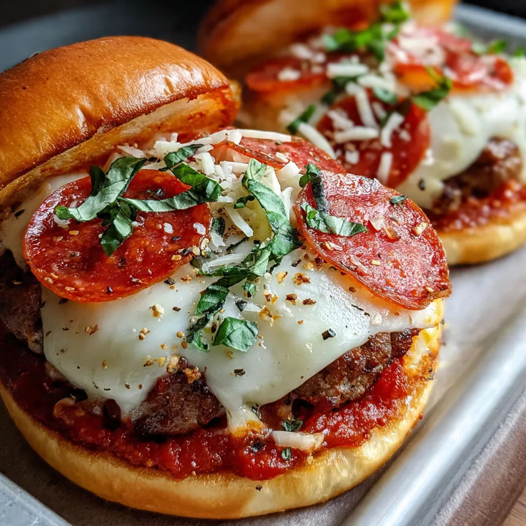 A plated Pizza Burger with crispy fries and a fresh green salad on the side