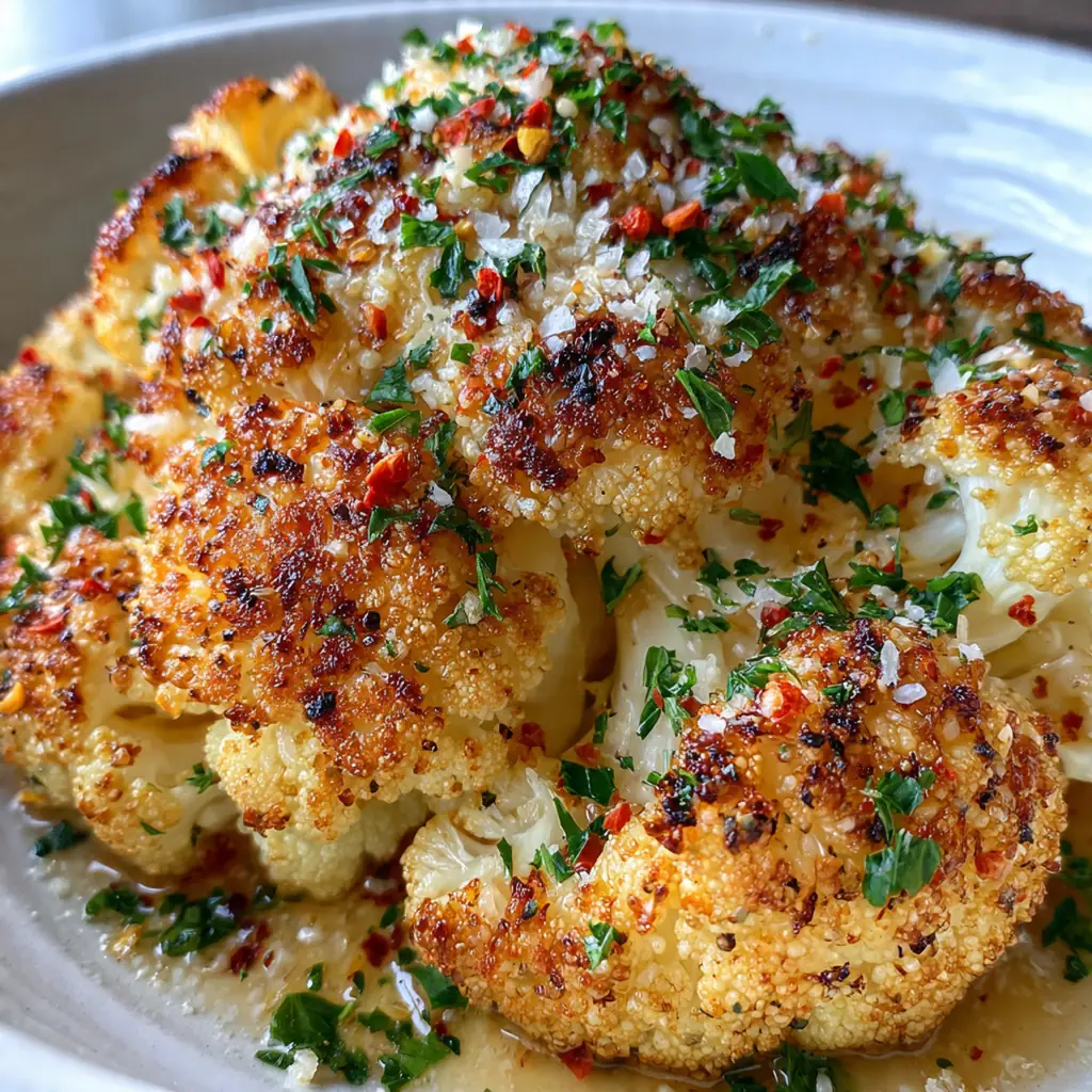 A close-up shot of a cauliflower wedge being sliced, revealing the perfectly tender, steaming interior and glistening garlic sauce