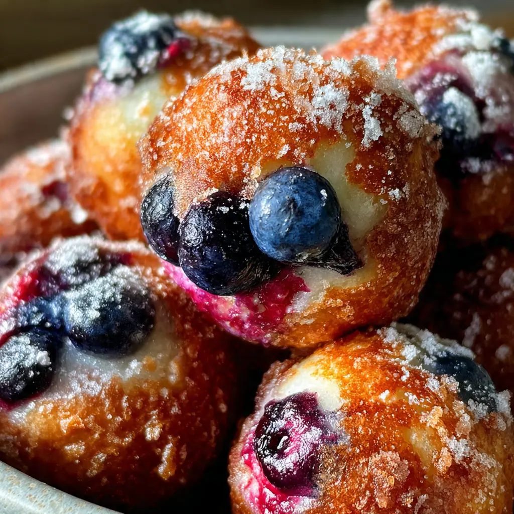 Close-up of a Blueberry Pie Bomb broken open to reveal jammy blueberry filling and flaky layers