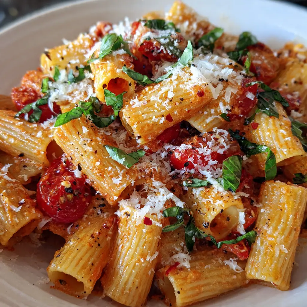 Close-up of rigatoni pasta coated in velvety tomato cream sauce