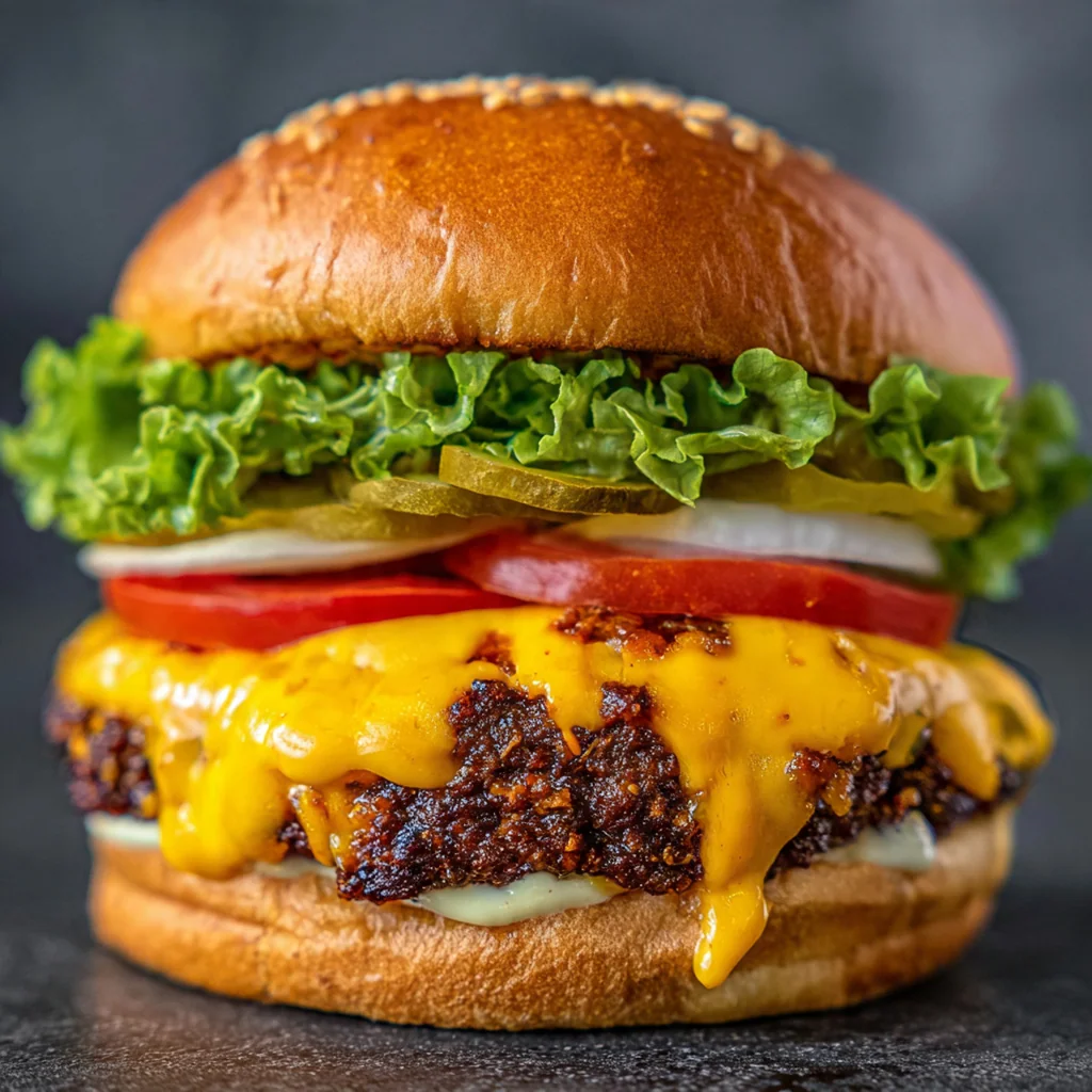 An overhead shot of a fully assembled cheeseburger lava molten cheese burger with lettuce, tomato, and pickles on a toasted brioche bun