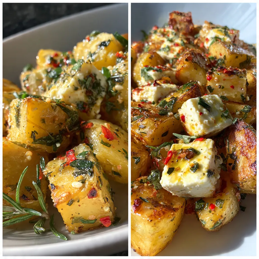 Close-up of a fork breaking into a creamy baked feta block nestled among crispy potatoes