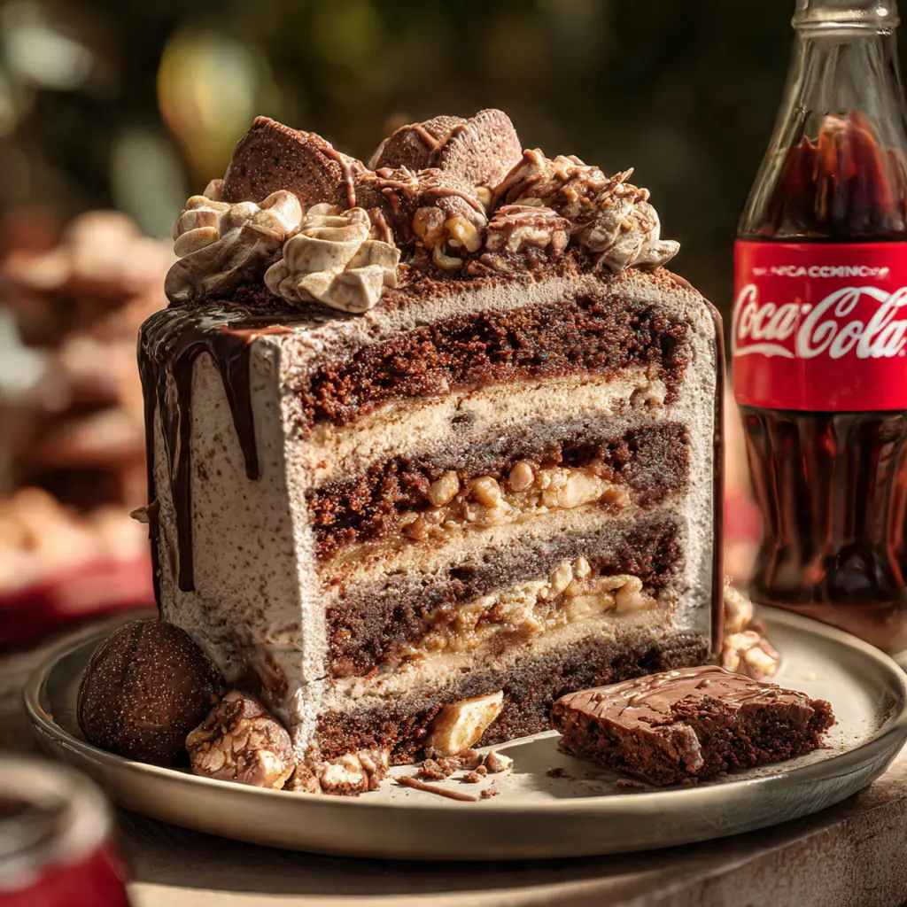 Close-up slice of the cake showing incredibly moist, dark chocolate layers and rich fudgy frosting