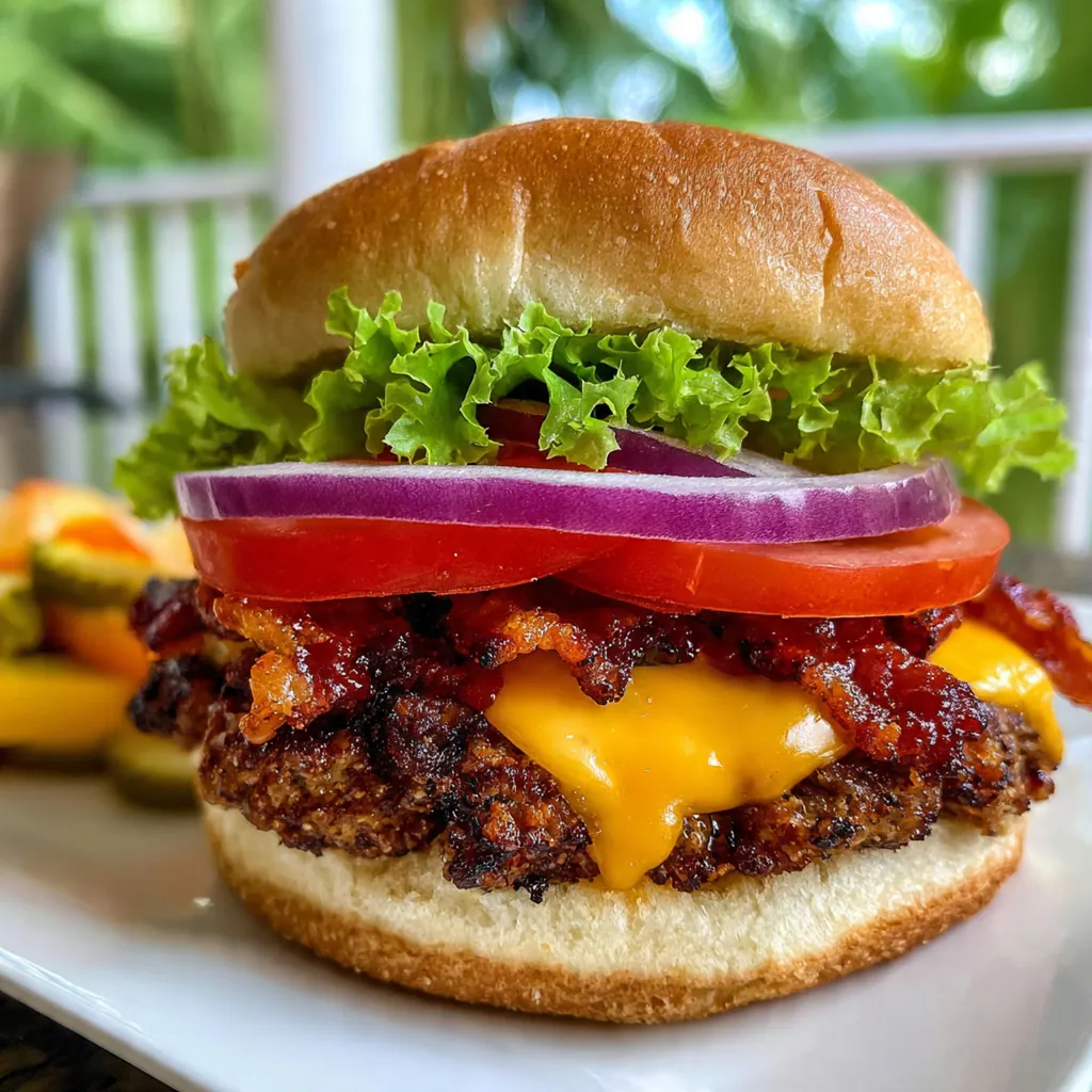 All ingredients for the perfect burger laid out: ground beef, bacon, bourbon, cheese, and brioche buns