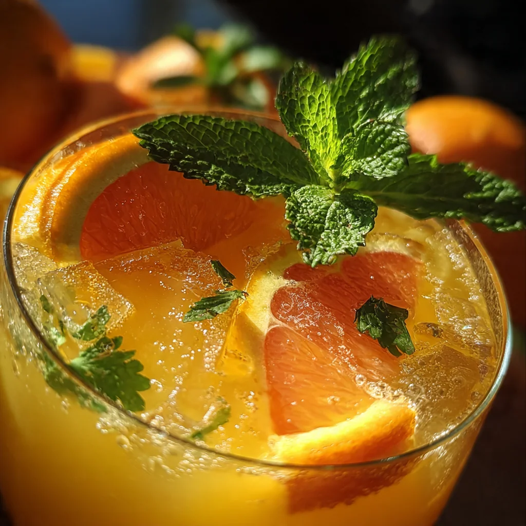 A brunch table setting with a pitcher of mimosas, fresh oranges, and a bottle of champagne