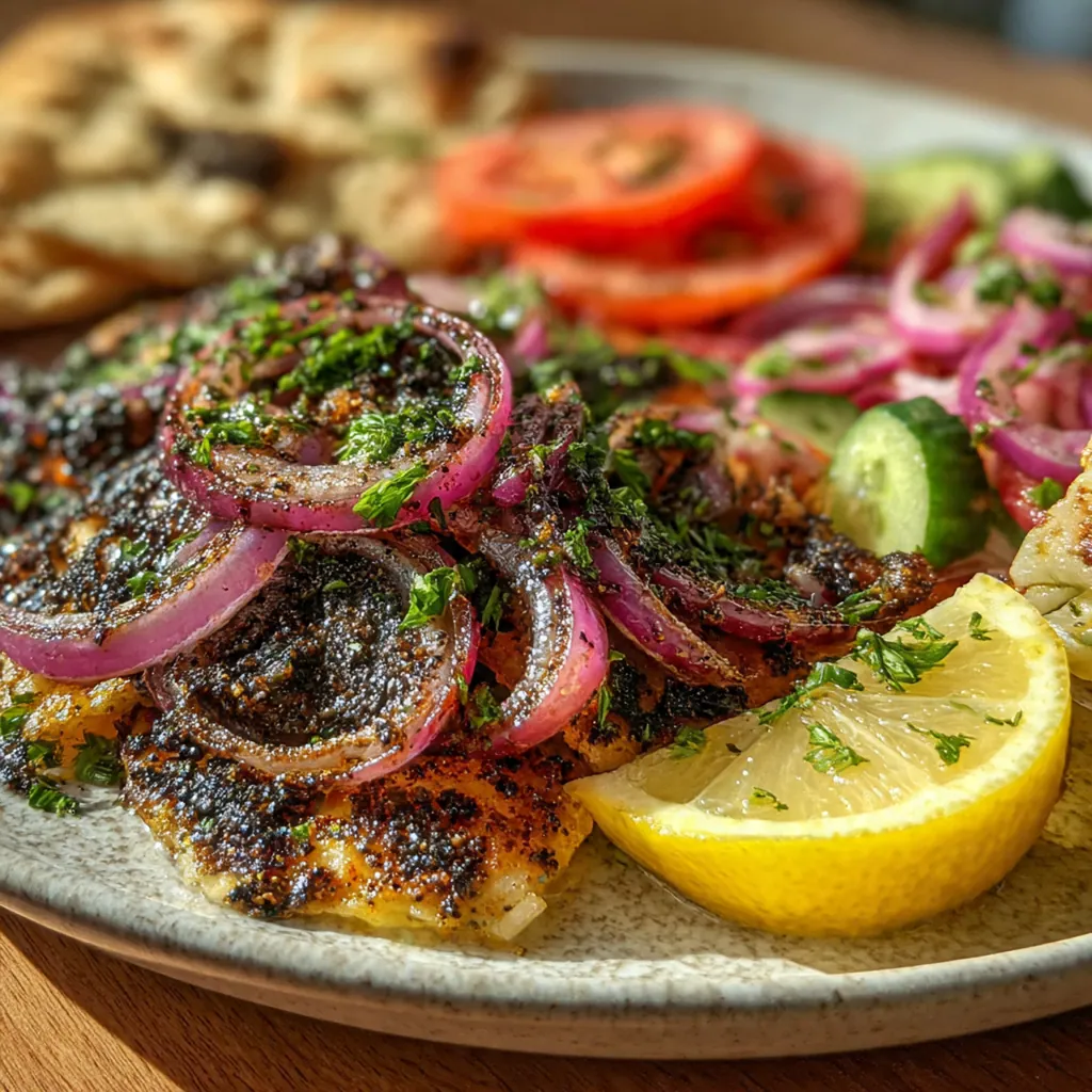 Close-up of thinly sliced red onions coated in tangy sumac and bright green parsley