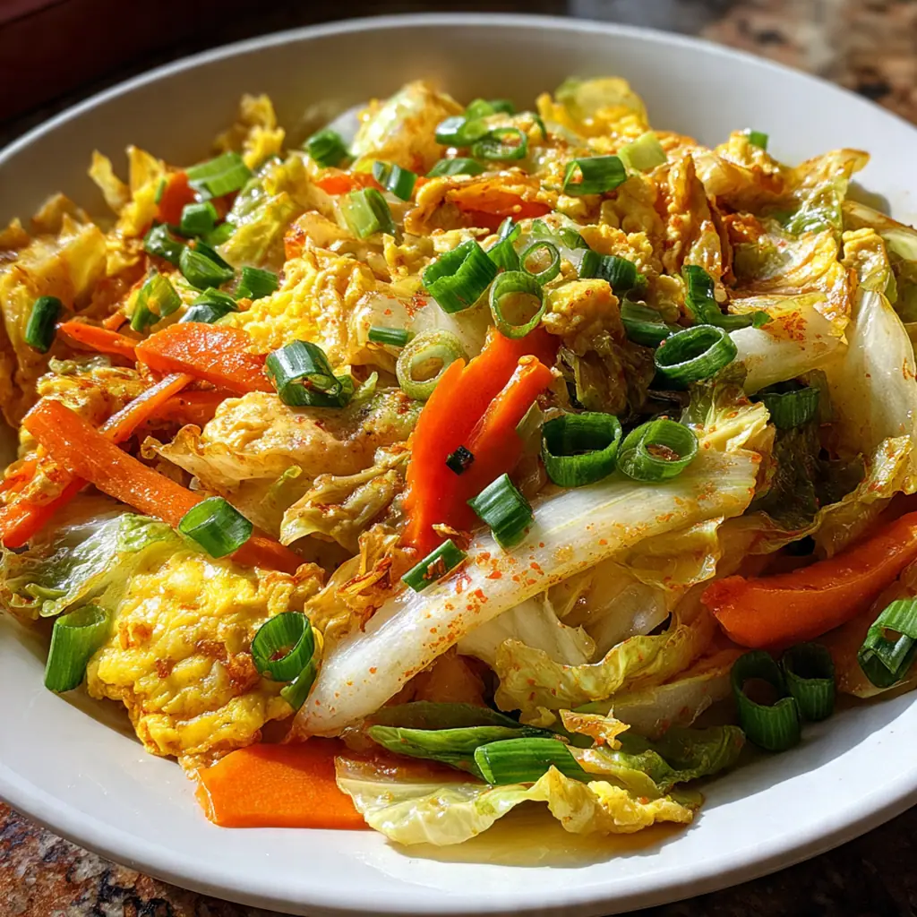 Close-up of tender Napa cabbage and soft scrambled eggs coated in a rich, dark oyster sauce.