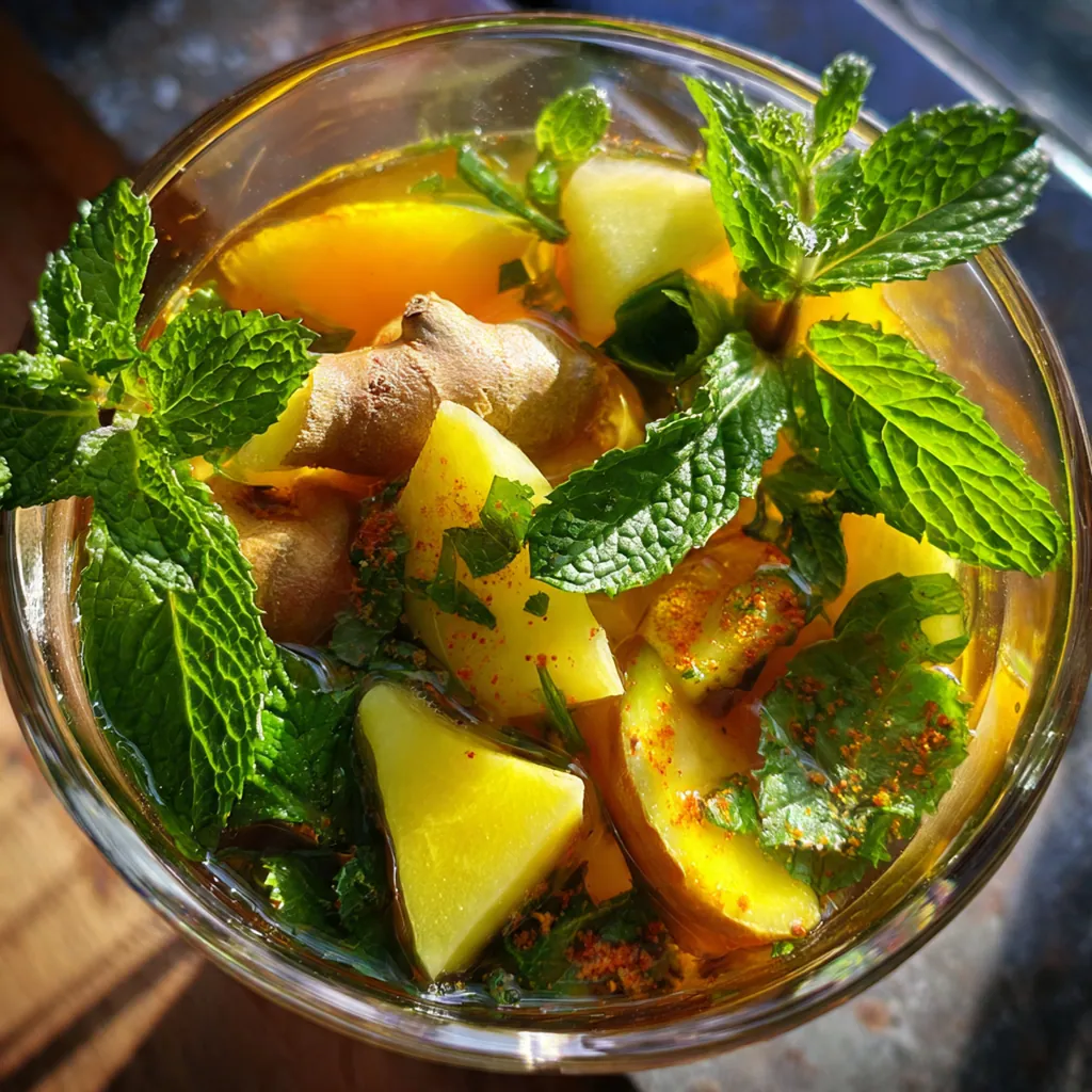 Close-up of the spicy ginger wellness shot showing its smooth texture and frothy top.