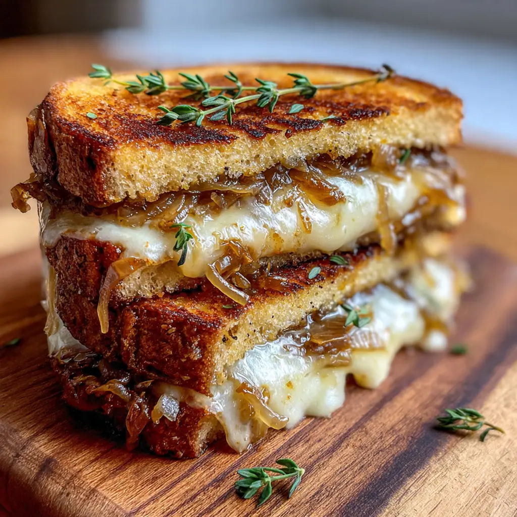 Overhead shot of a finished sandwich on a wooden board with a small bowl of tomato soup