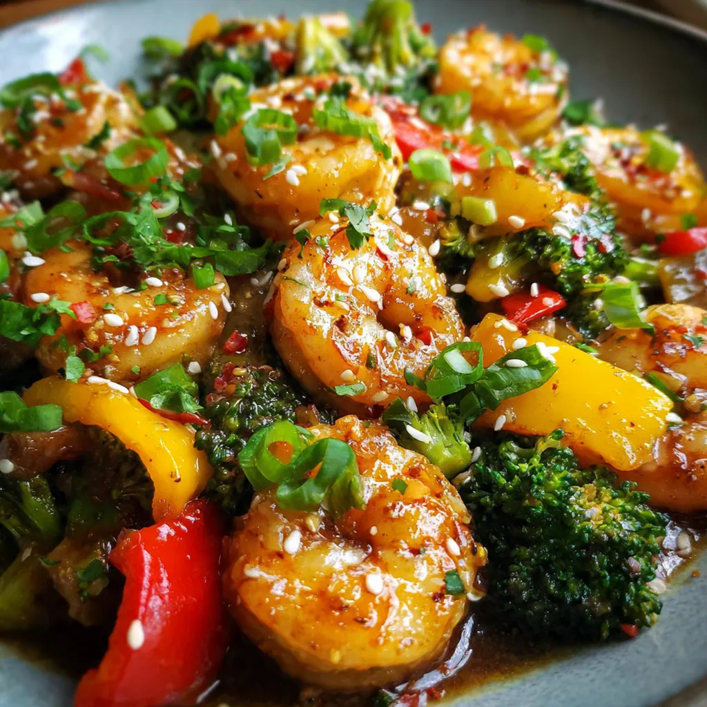 Overhead shot of a bowl filled with honey garlic shrimp stirfry served over fluffy white rice with green onion garnish