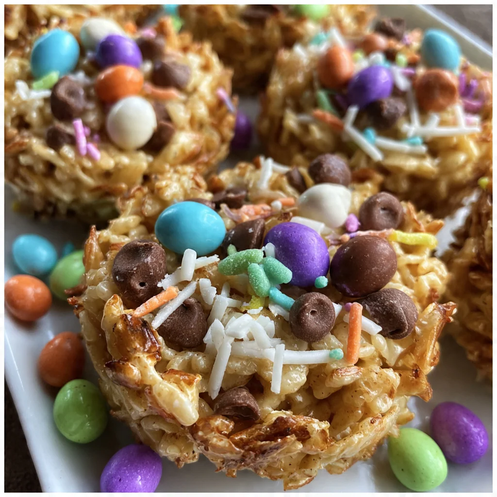 A batch of homemade krispies easter egg nests arranged on a pastel plate for a festive party