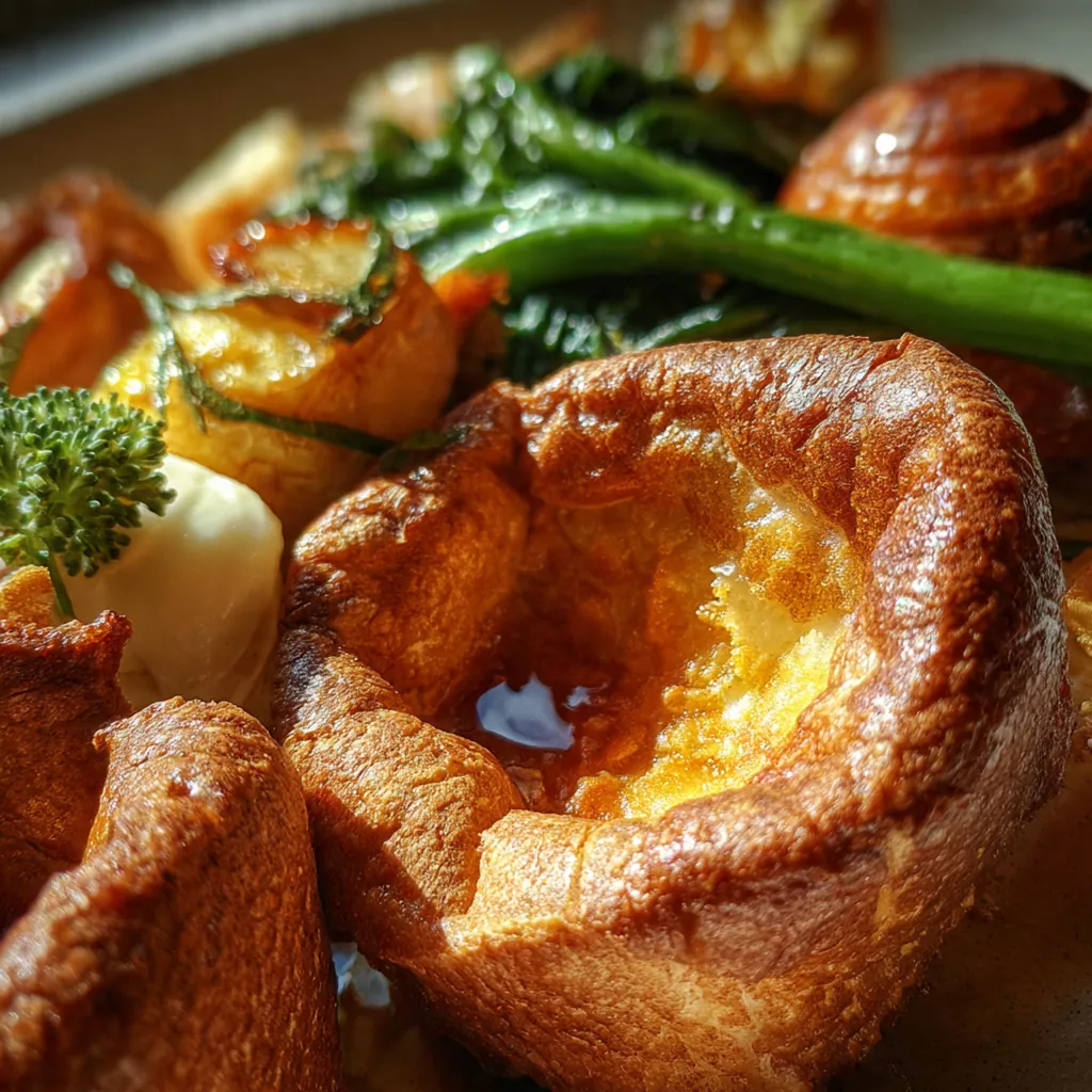 Close-up of a single Yorkshire pudding broken open to show its soft, airy interior and crisp outer shell