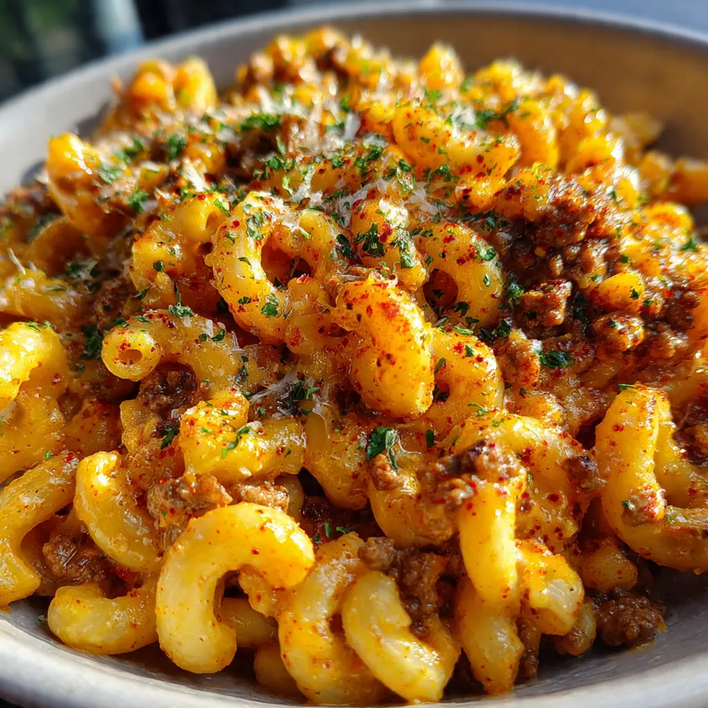 A family-style bowl of one pot cheeseburger macaroni served with a green salad on the side