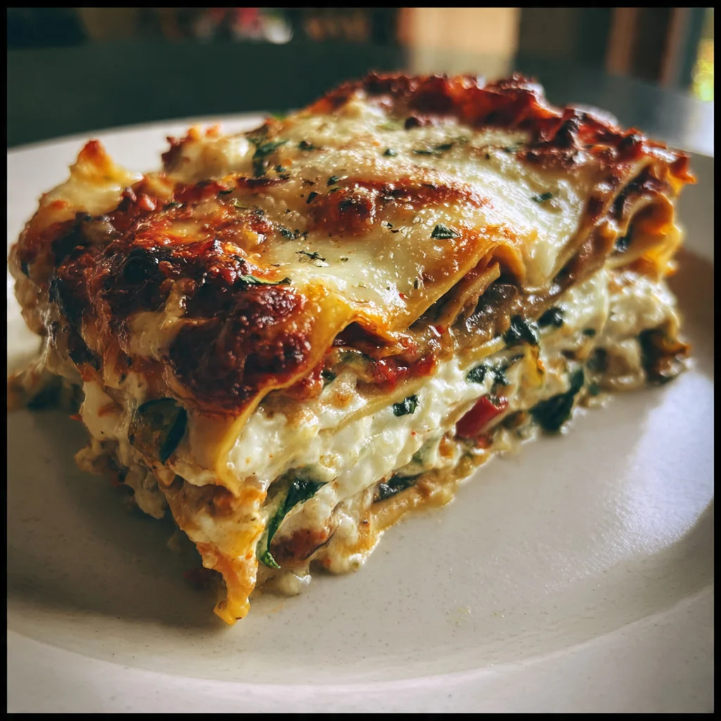 Unbaked assembled lasagna with red sauce, white ricotta, and raw vegetables ready for oven
