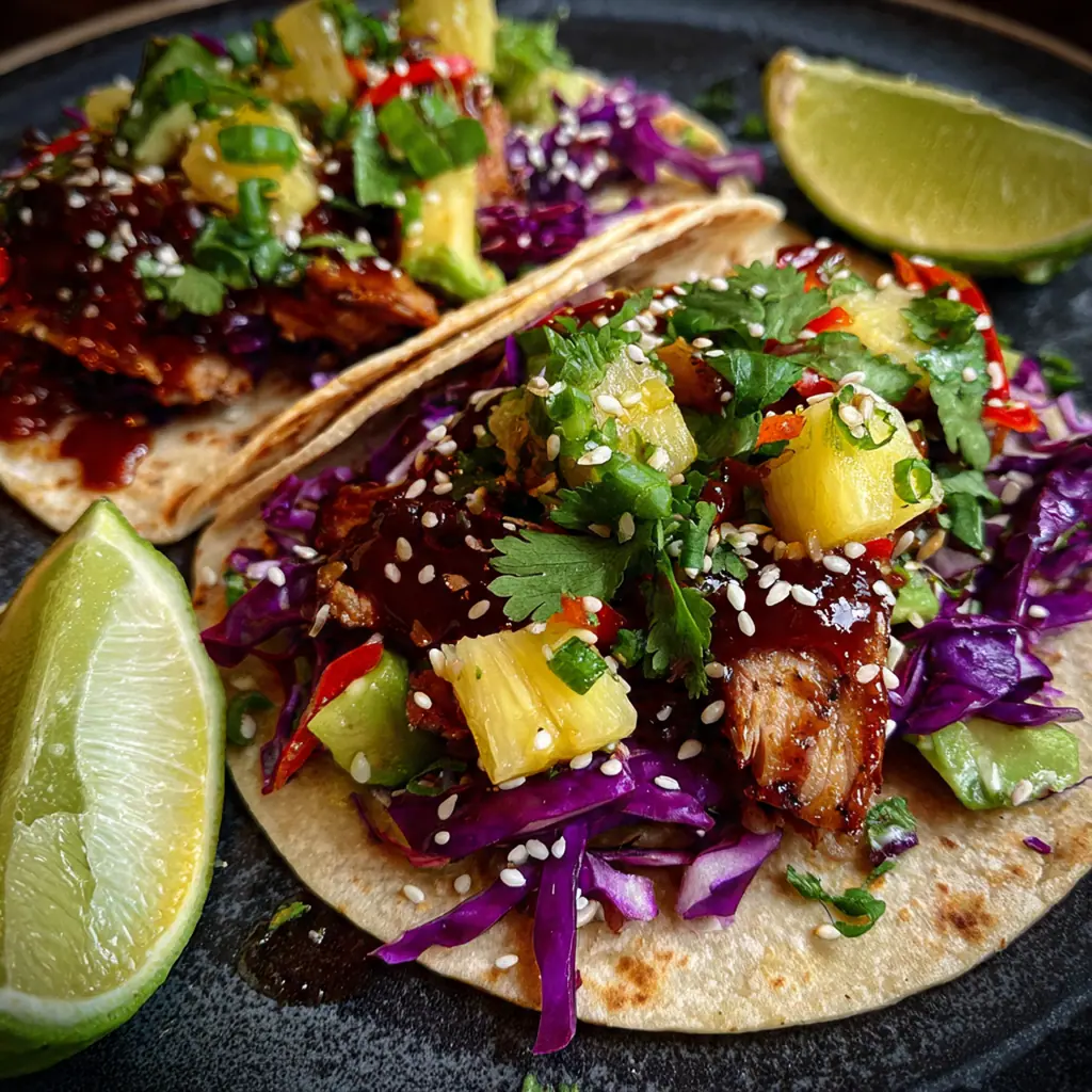 Overhead view of assembled teriyaki chicken tacos on a rustic table with lime wedges and fresh cilantro