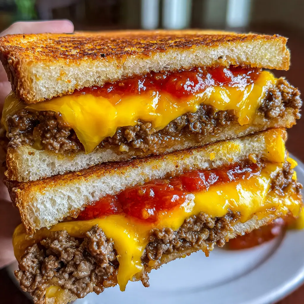 Close-up of a hot sloppy joe grilled cheese with cheese stretching from the sandwich