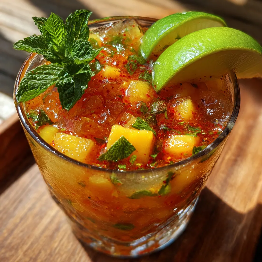 Overhead shot of the drink's ingredients: fresh mango, limes, chamoy bottle, and Tajin next to a prepared mocktail