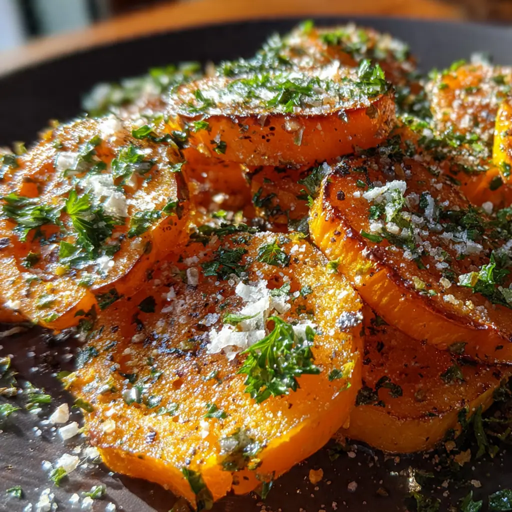 Close-up of a fork lifting a tender butternut squash slice with a crispy Parmesan crust