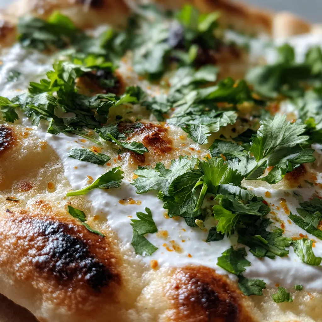 Homemade naan bread with garlic and nigella seeds served alongside a steaming bowl of curry