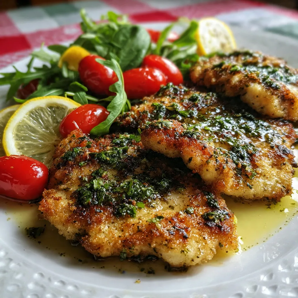 A complete dinner plate featuring Italian basil chicken cutlets served over creamy polenta with a side salad