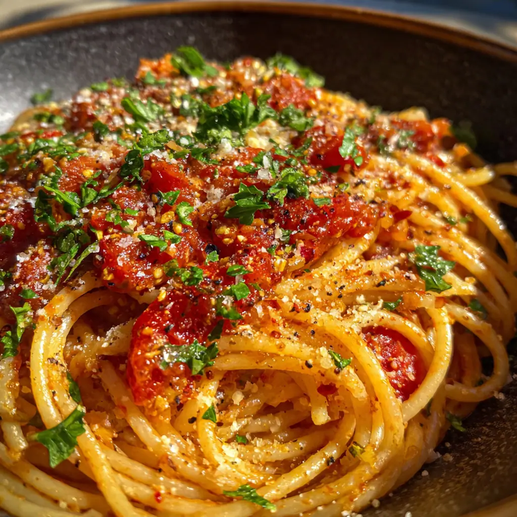 A ladle of thick spaghetti sauce being poured over a pile of pasta.