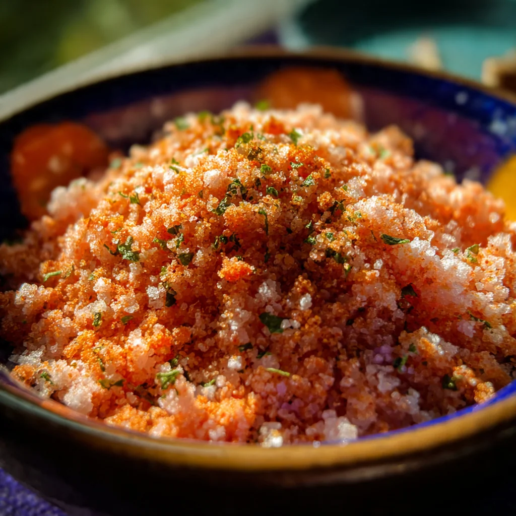 Dried red-brown seasoning in a wide mouth jar ready for gifting