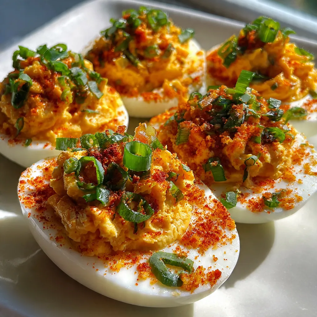 Overhead view of deviled eggs with piped filling, smoked paprika dusting, and crumbled bacon on a rustic wooden board