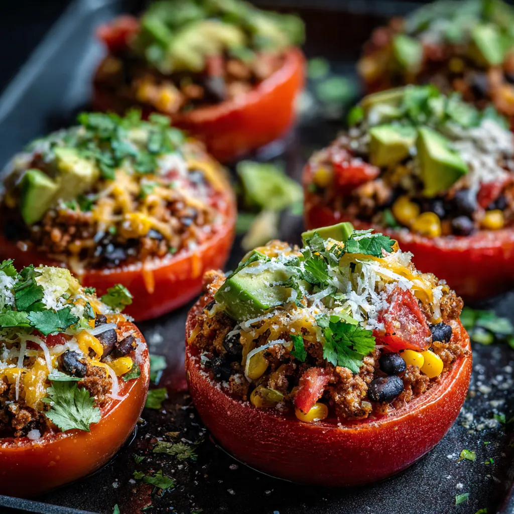 Colorful ingredients for easy healthy taco stuffed tomatoes arranged on a rustic kitchen counter: beefsteak tomatoes, ground turkey, black beans, and spices