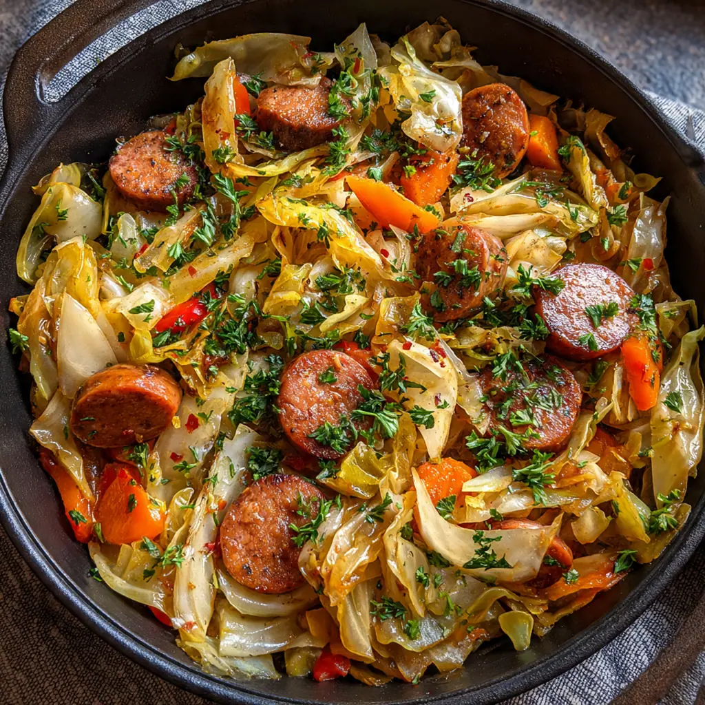 Close-up of savory browned kielbasa slices nestled in tender, spiced cabbage and carrots