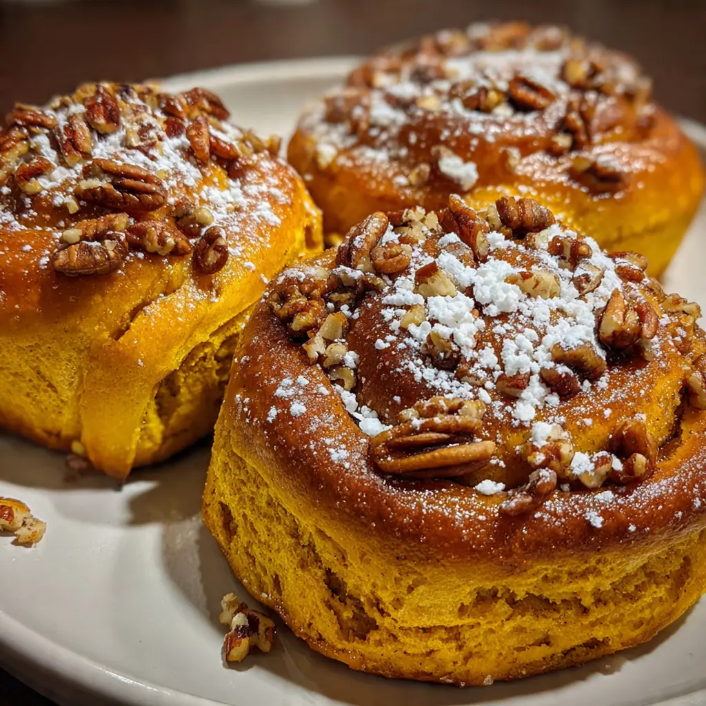 Close-up of a fluffy bun showing the swirled pecan filling and soft pumpkin dough